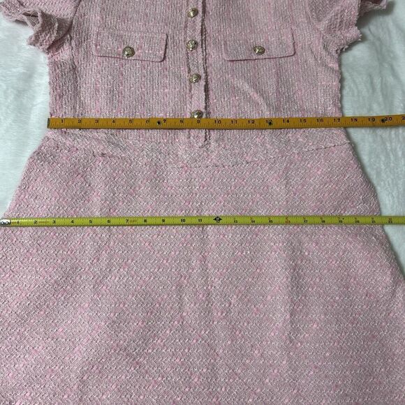 Textured Mini Dress Women’s Medium Pink A-line Buttons Fringe Frayed Faux - Picture 9 of 9